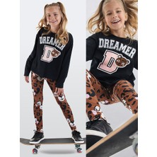 Denokids Kız Çocuk Kışlık Leopar Desenli Pamuklu Siyah Uzun Kollu Crop T-Shirt Tayt Takımı 5-10 Yaş