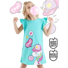 Denokids Sakızlı Unicorn Kız Çocuk Turkuaz Fırfırlı Yazlık Elbise