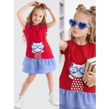 Denokids Kedi Baskılı Kırmızı Kız Çocuk T-Shirt Elbise Günlük Rahat Stil