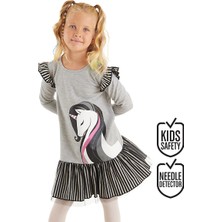 Denokids Zarif Unicorn Gri Kız Çocuk Elbise