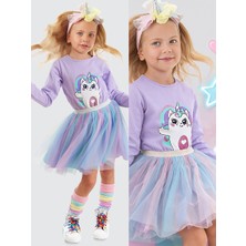 Denokids Kız Çocuk Kışlık Unicorn ve Kedi Desenli Tüllü Mor Uzun Kollu Elbise 2-8 Yaş