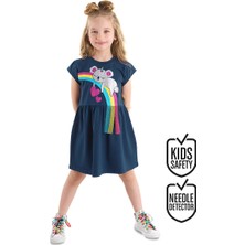 Denokids Kız Çocuk Koala Baskılı Günlük T-Shirt Elbise Lacivert Rahat Silüet