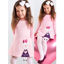 Denokids Kız Çocuk Kışlık Kedi Desenli Pembe Uzun Kollu Elbise 2-8 Yaş
