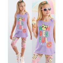 Denokids Kedili Çiçekli Kolsuz Kız Çocuk Yazlık Tunik T-shirt Tayt Takım