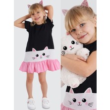 Denokids Beyaz Kedi Fırfırlı Kız Çocuk Elbise