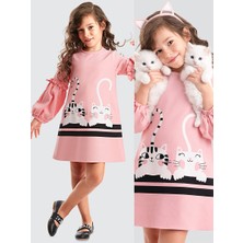 Denokids Kız Çocuk Kışlık Kedi Desenli Dokuma Pembe Uzun Kollu Elbise 1-8 Yaş