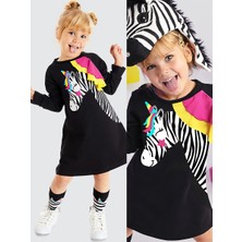 Denokids Siyah Unicorn Zebra Kız Çocuk Uzun Kollu Fırfır Detaylı Elbise