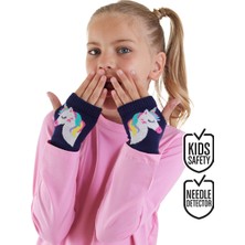Denokids Kız Çocuk Unicorn Desenli Pamuklu Lacivert Parmaksız Eldiven Standart Beden