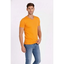 Demir Grup cc Erkek T-Shirt V Yaka Slim Fit Dar Kesim Likralı Tişört Günlük Basic Body - Sarı