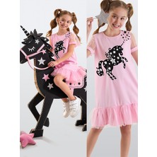 MSHB&G Yıldızlı Unicorn Kız Çocuk Pembe Tüllü Elbise
