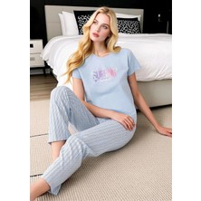 Fevien Kadın Mavi Surfing Baskılı Pijama Takımı - Çizgili Alt Üst Pamuklu Ev Giyim Takımı