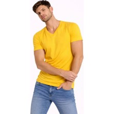 Demir Grup cc Erkek T-Shirt V Yaka Slim Fit Dar Kesim Likralı Tişört Günlük Basic Body - Limon