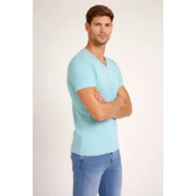 Demir Grup cc Erkek T-Shirt V Yaka Slim Fit Dar Kesim Likralı Tişört Günlük Basic Body - Turkuvaz