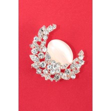 Keeba Gece Masalı Hilal Broş Gold Renk Kuvars Pudra ve Zirkon Taşlı Kadın Yaka Iğnesi
