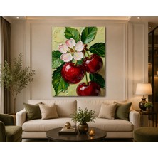 Othello Art Kiraz ve Kiraz Çiçeği Kanvas Tablo Kırmızı Meyve Temalı Dekoratif Dikey Duvar Tablosu