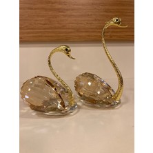 Plus Home Dekoratif 2'li Kristal ve Pirinç Kuğu Obje Renk Bal Altın Yükseklik 16 ve 12 cm Çapı 9 cm