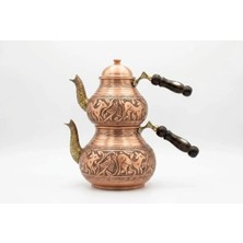 Aura Copper 1.2 mm Kalın Bakır Çaydanlık Takımı Ağır El Işçiliği Özel Oyma Motifli Gümüş Renk Ikili Çaydanlık