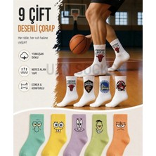 Uzn Socks 9 Çift Desenli Spor Çorap | Karikatür Karışık Set | Yumuşak & Nefes Alan