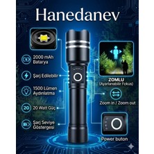 Hanedanev Profesyonel Şarjlı El Feneri 1500 Lümen 20W Zoom Özellikli Şarj Göstergeli Kamp Feneri 2000 Mah Pil
