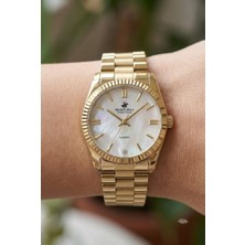 Beverly Hills Polo Club Altın Yuvarlak Kasa Kadın Kol Saati | 36 mm Çelik Kasa, Altın Çelik Kordon, Sedef Kadran