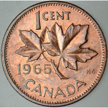 Banknoting Kanada 1 Cent 1965 Kraliçe Iı. Elizabeth 19.05 Mm. Çilaltı.