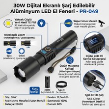 Hanedanev 30 Watt Teleskopik Zoomlu Şarj Edilebilir Dijital Göstergeli Alüminyum El Fener 2000 Mah Batarya