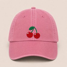 Minimal Kiraz Nakışlı Vintage Yıkamalı Kep Şapka