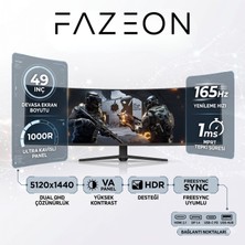 Fazeon 49" 165Hz 0.5ms Siyah (Hdmı+Dp+Type-C) Freesync Premium G-Sync Uyumlu HDR10 Çift Qhd 5120X1440 Fast Va Kavisli Curved Çerçevesiz Profesyonel Gaming Oyuncu Monitörü