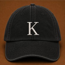 "k" Harfi Isimlere Özel Tasarım Nakışlı Vintage Yıkamalı Beyzbol Şapkası