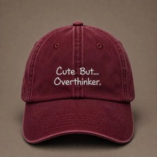 "cute But Overthinker" (Tatlı Ama Çok Düşünen) Espirili Nakışlı Vintage Yıkamalı Beyzbol Şapkası