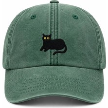 Kara Kedi Nakışlı Vintage Yıkamalı Beyzbol Şapkası