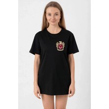 Lune Store Türk Arma Baskılı Oversize Bisiklet Yaka Günlük T-Shirt - Siyah