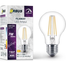 3 Adet  Orbus Dim Edilir LED Filament Ampul A60 7 Watt 700LM E27 Sarı Işık