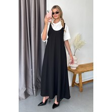 Giysa Kadın Beyaz T-Shirt Askılı Elbise Jile Takım Siyah - 4131