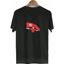 Defy Moda 1 Mayıs Emek ve Dayanışma Bayraklı Emekçi Baskılı Bisiklet Yaka T-Shirt - Siyah