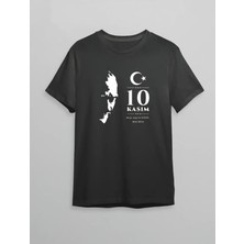 Defy Moda 10 Kasım Atatürk Anma Günü Silüet Baskılı Oversize Bisiklet Yaka T-Shirt - Siyah