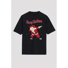 Defy Moda Yılbaşı Merry Christmas Noel Baba Baskılı Oversize Bisiklet Yaka T-Shirt - Siyah