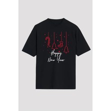 Defy Moda Yılbaşı Happy New Year Baskılı Kısa Kollu Oversize Bisiklet Yaka T-Shirt - Siyah