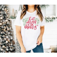 Defy Moda Yılbaşı Noel Baskılı Kısa Kollu Oversize Bisiklet Yaka T-Shirt - Beyaz