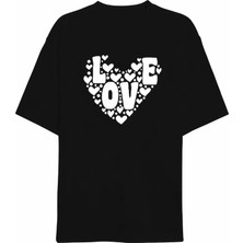 Defy Moda 14 Şubat Sevgililer Günü Love Kalp Baskılı Oversize Bisiklet Yaka T-Shirt - Siyah