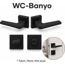 Badem10 Sülün Mat Siyah Wc Banyo Pvc Kapı Kolu 1 Takım Kare Rozetli Şık Modern Içten Kilitli Kapı Kolları