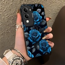 HONTINGA Vivo Y04 ile Uyumlu Kılıf Silikon Kenar Sert Arka Kamera Koruyucu Basitlik Anti Düşme Kamera Korumalı Mavi Gül Desen Couple Telefon Kılıfı Kadın ve Erkek Için Uygundur K1-1379