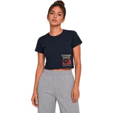 Organickid Basic Kadın Crop Baskılı Lacivert T-Shirt