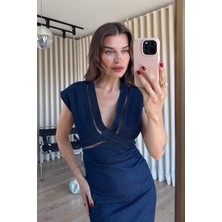 Sue Store Lacivert File Detaylı Yırtmaçlı Denim Elbise