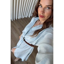 Sue Store Buz Mavisi Oversize Kemerli Modal Gömlek Elbise