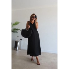 Purple By Banu Siyah V Yaka Maxi Elbise