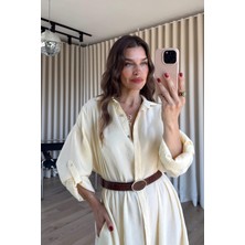 Sue Store Butter Yellow Oversize Kemerli Modal Gömlek Elbise