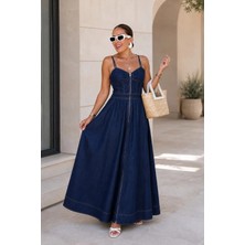 Purple By Banu Lacivert Fermuar Detay Denim Elbise