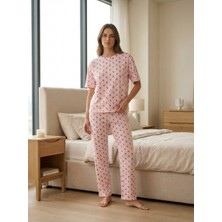 Bak's Store Kadın Fiyonk Desenli Pamuklu Pijama Takımı – Rahat Kalıp Kısa Kollu Yazlık Ev Giyimi Pudra Pembe Renk