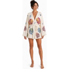 Mulberry Sedna Kadın Ekru Müslin Kimono Bornoz – Kuşaklı, Püskül Detaylı, Oversize Rahat Kesim Plaj & Ev Giyim